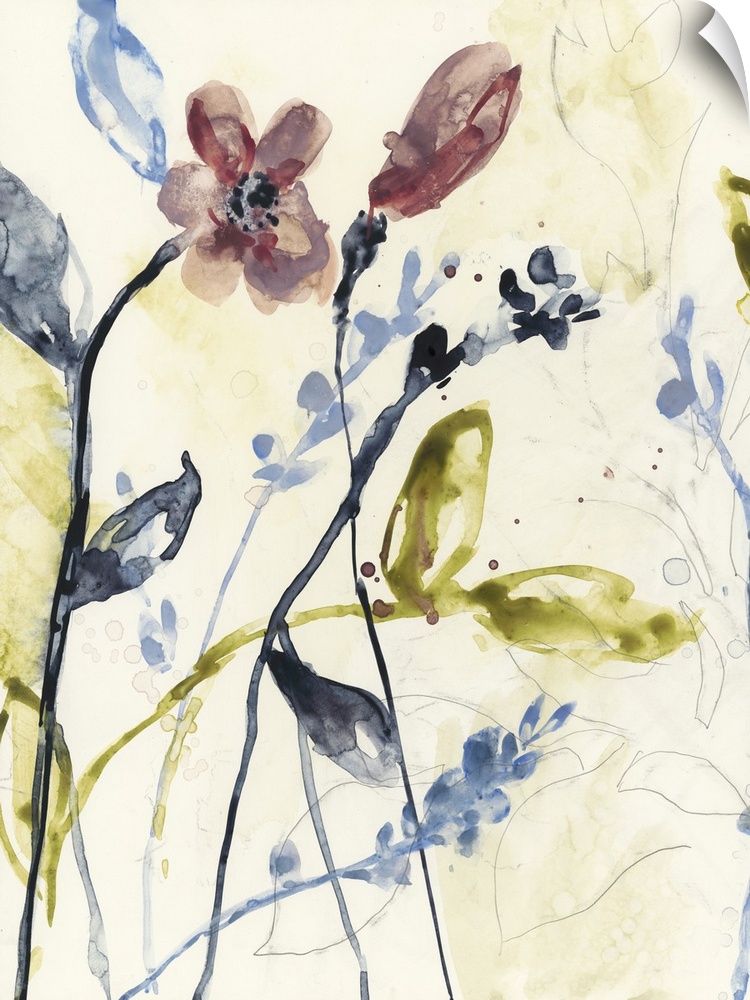 Watercolor painting of wildflowers against a pale background.