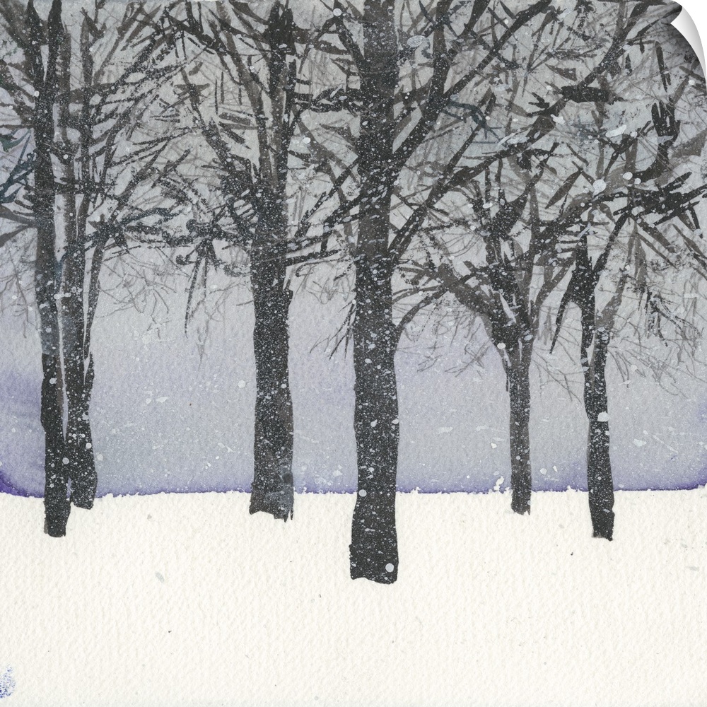 A grove of trees in the snow with a pale blue sky.