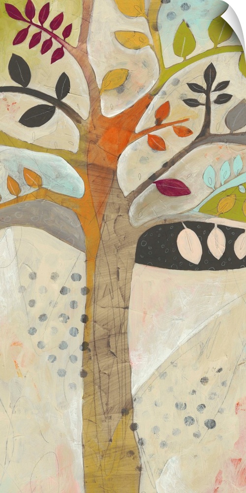 Contemporary painting of a tree using muted browns, oranges and blues.