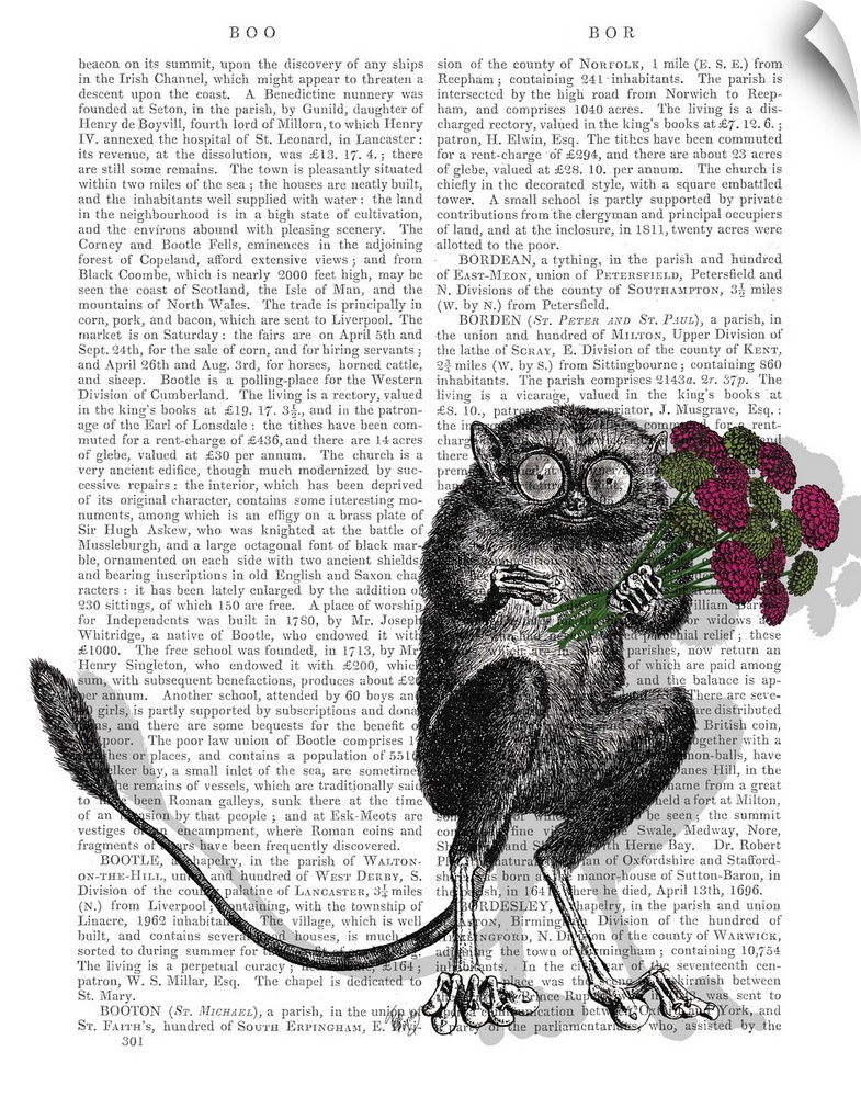 Decorative artwork of an animal holding a bouquet of red flowers painted on the page of a book.