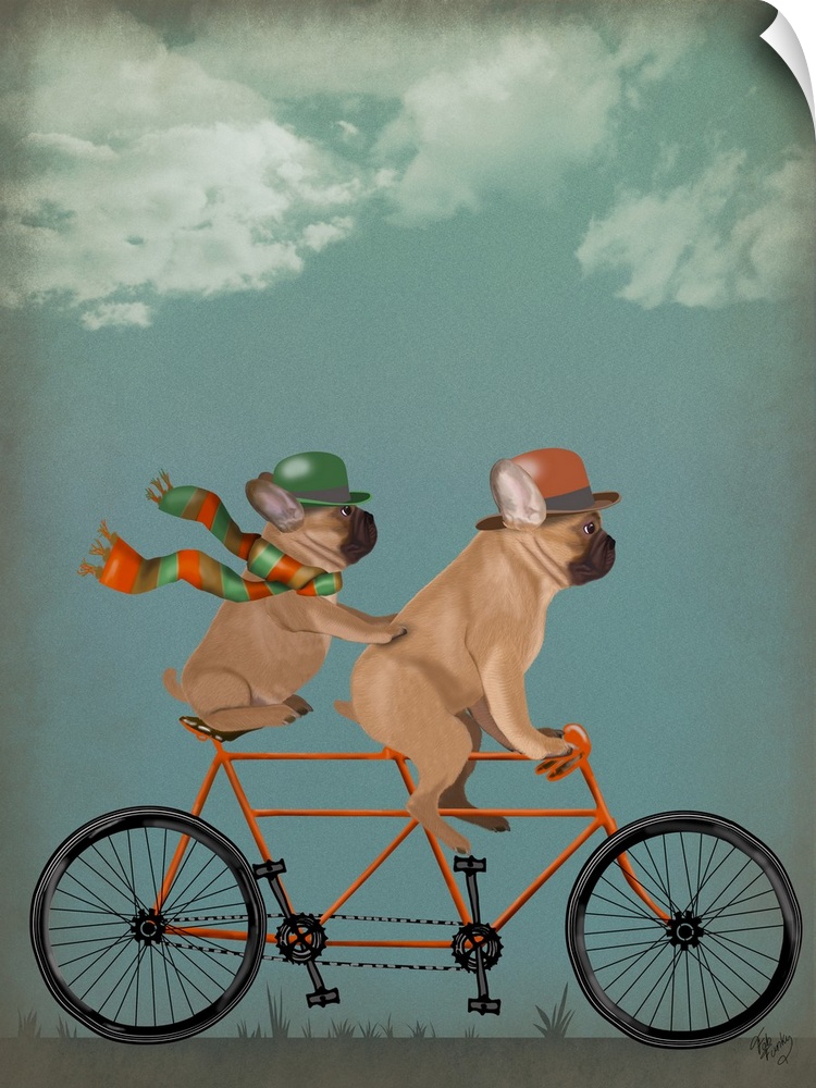 Decorative artwork of two French Bulldogs riding on an orange tandem bicycle and wearing matching accessories.