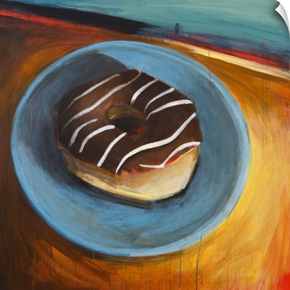 Contemporary painting of a chocolate frosted donut on a blue plate.