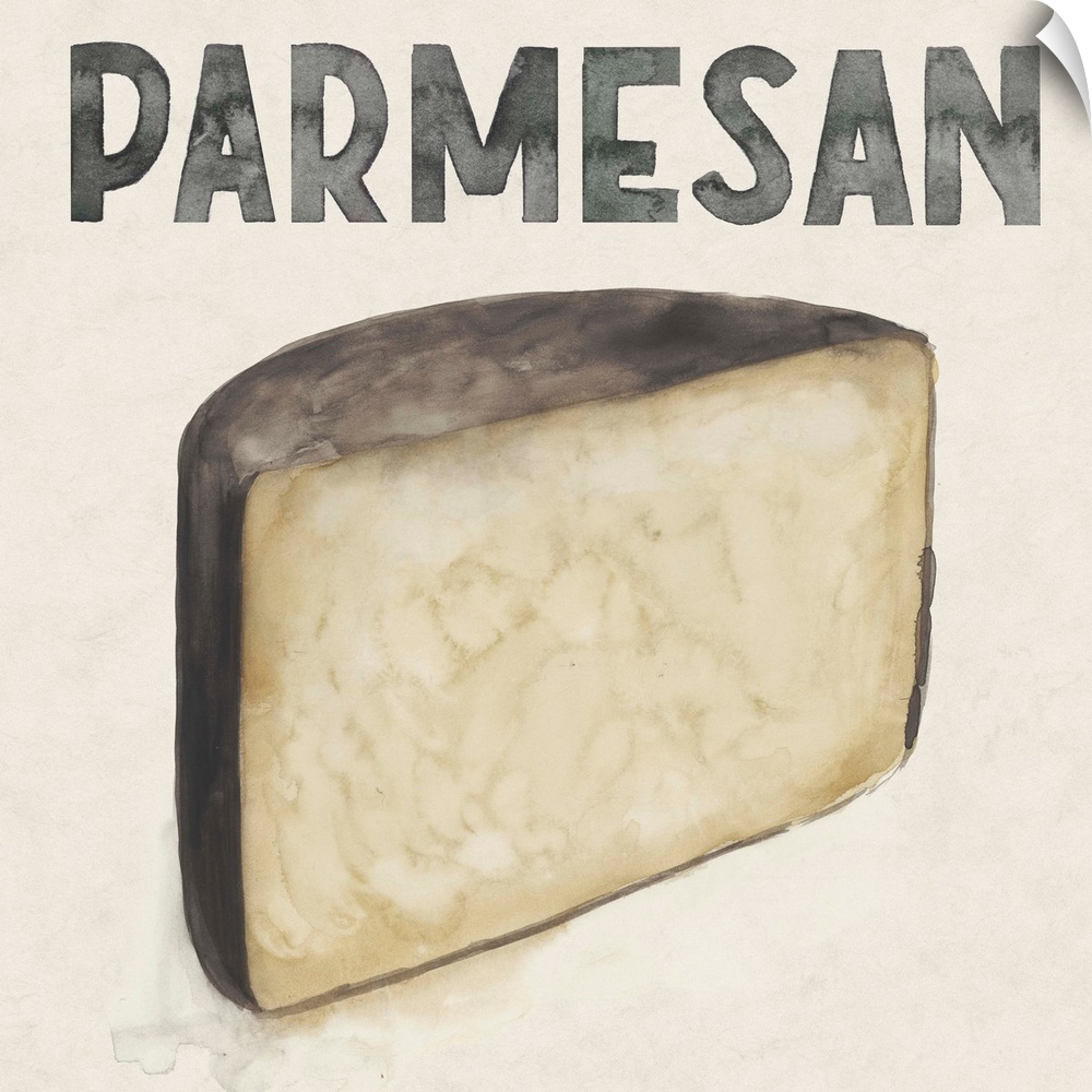 Painting of half a round of Parmesan cheese.