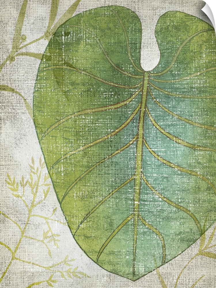 Vertical decor with an illustrated tropical leaf on a textured neutral colored background.
