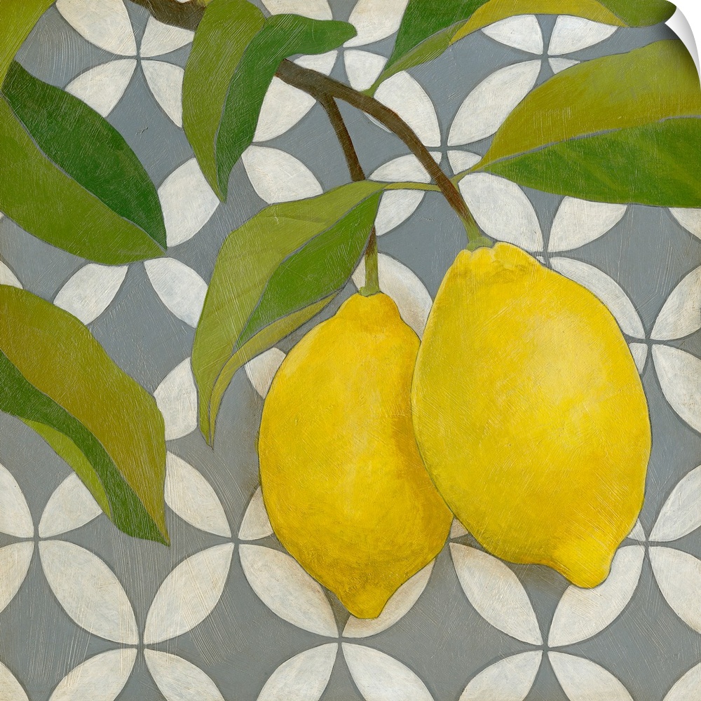Square painting of two lemons attached to a plant with a patterned background.