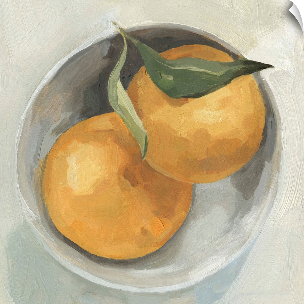 A square contemporary painting of a gray bowl full of grapefruit.