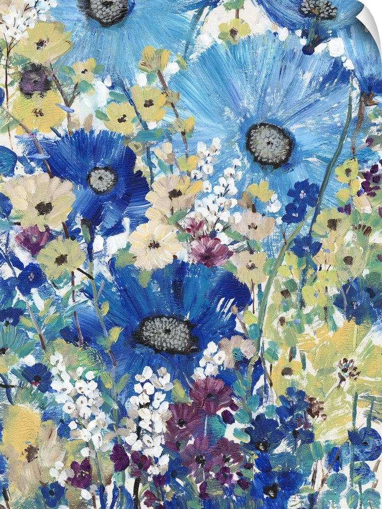 Artistic painting of a garden of wild flowers in shades of blue, yellow and purple.