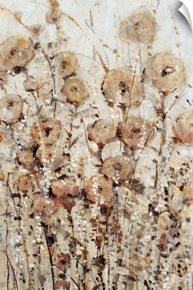 Contemporary painting of abstracted wildflowers in various brown hues.