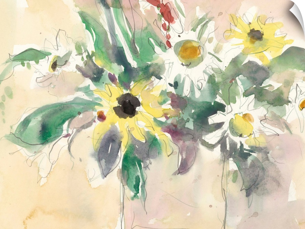 A volatile watercolor painting of a bouquet of garden flowers against a yellow scenery.
