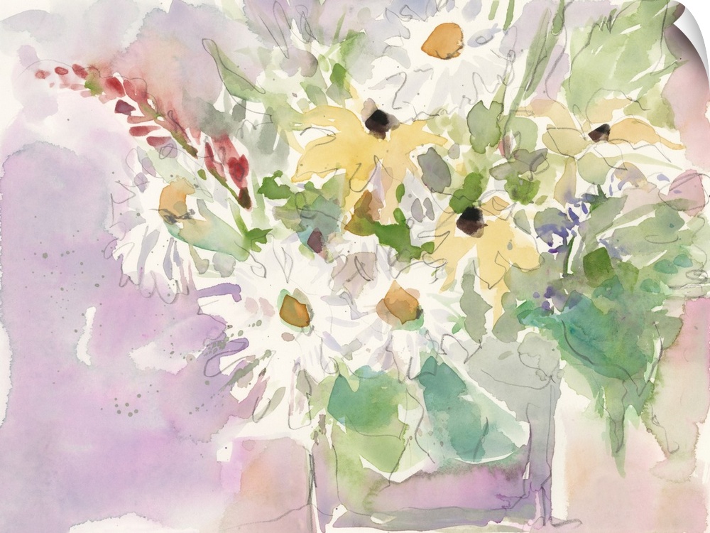 A volatile watercolor painting of a bouquet of garden flowers against a purple scenery.