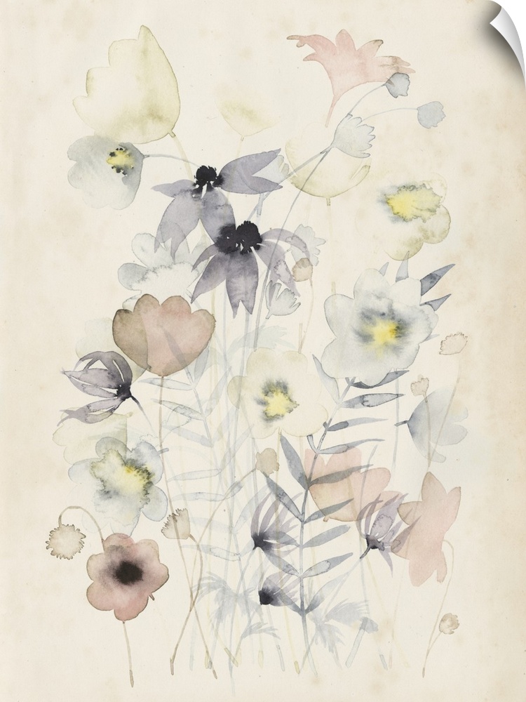 A delicate watercolor painting of a faint flower bouquet in yellow, blue and red tones on a beige backdrop.