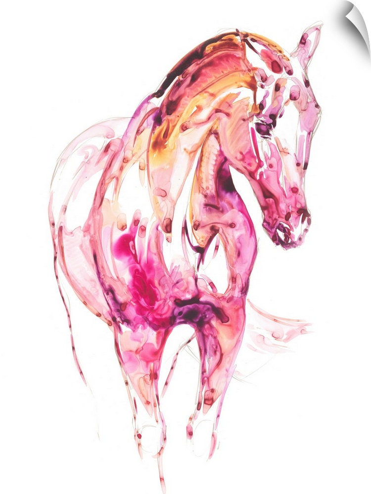 Watercolor painting of a horse created with pink, purple, and orange hues on a white background.