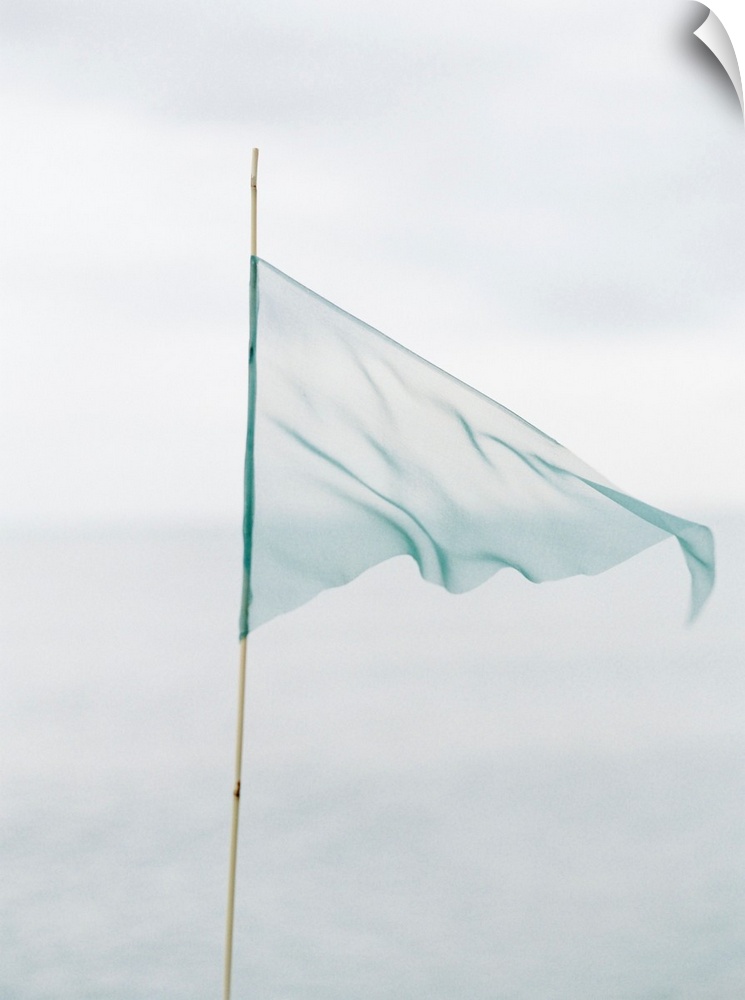 Photograph of a delicate blue flag made from thin fabric on a bamboo pole.