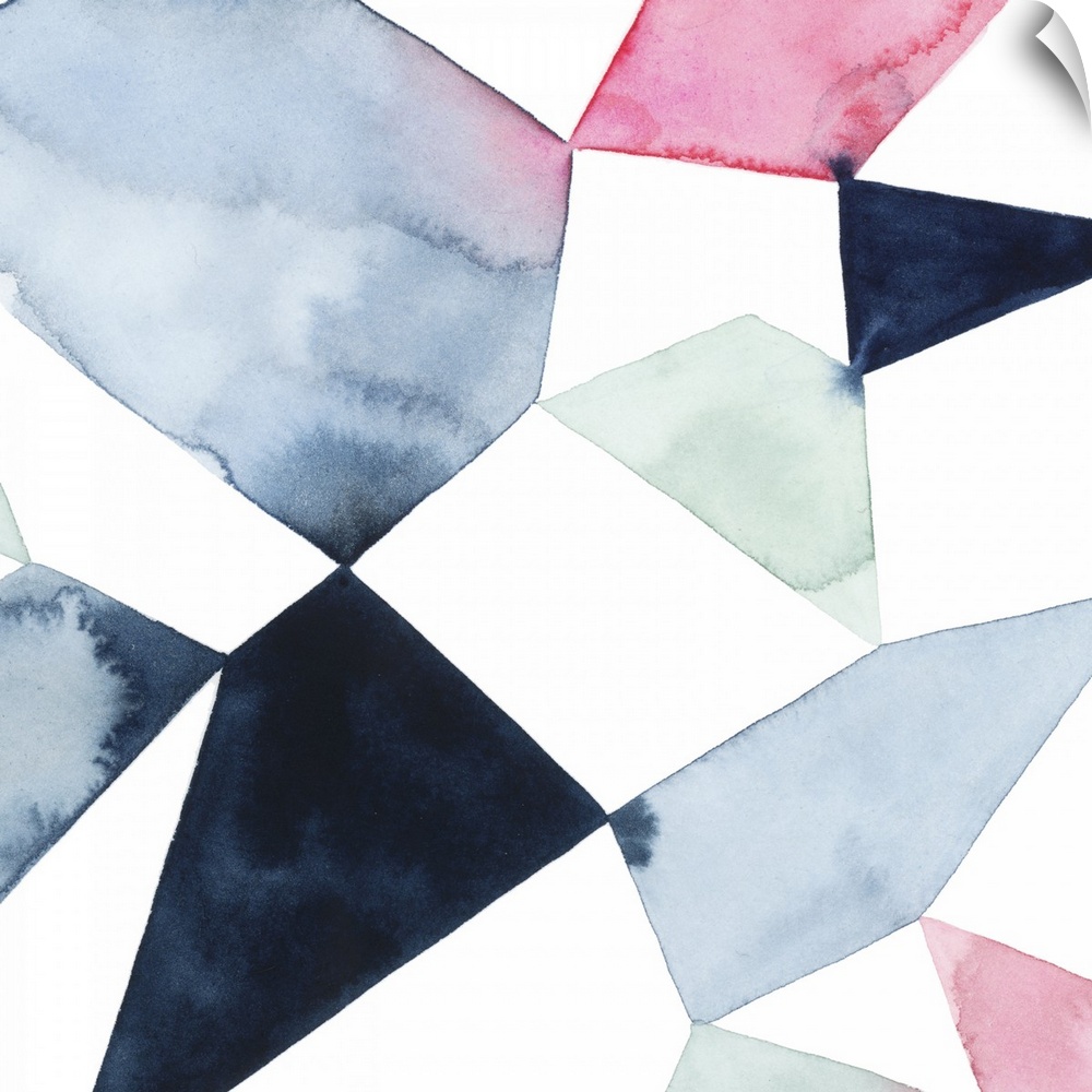 Modern watercolor painting of blended colors in geometric shapes connecting on a white background.