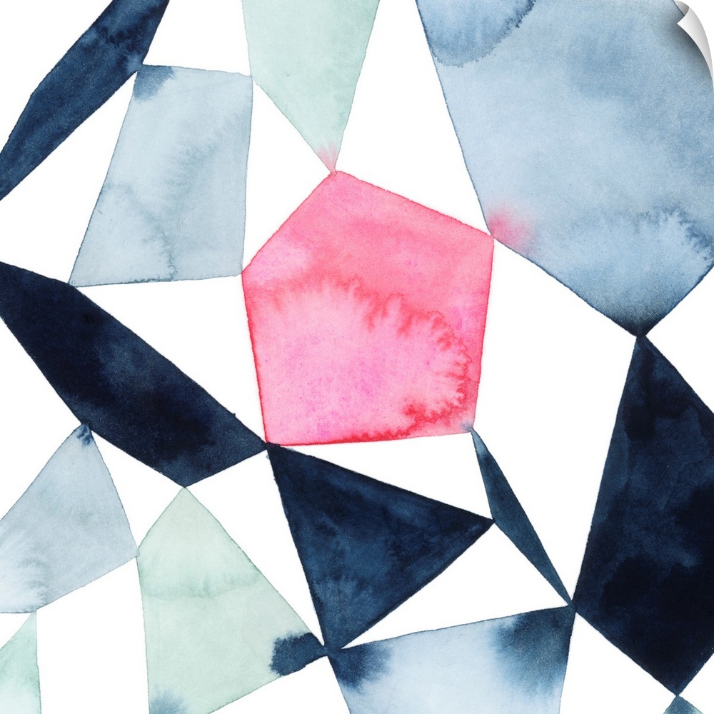 Modern watercolor painting of blended colors in geometric shapes connecting on a white background.