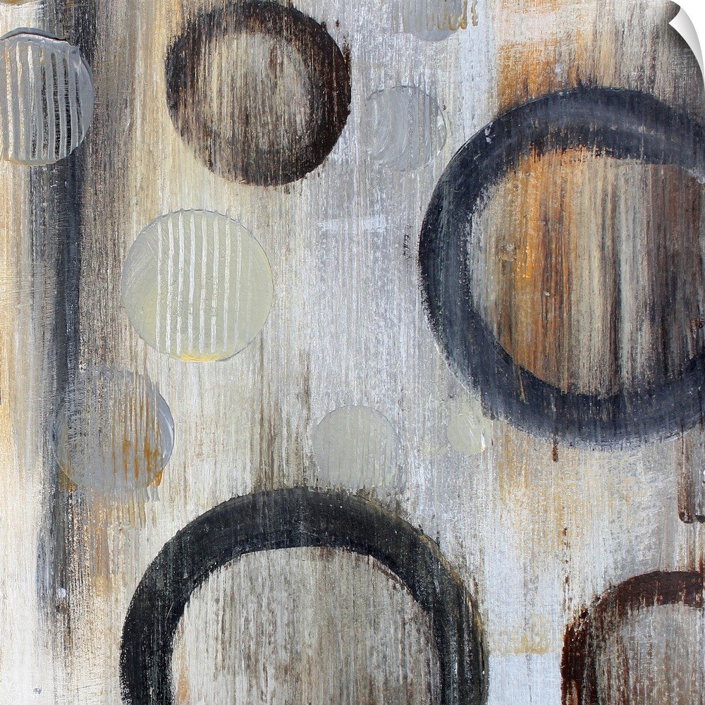Abstract artwork of circle floating against a gray background with an overall grungy look.