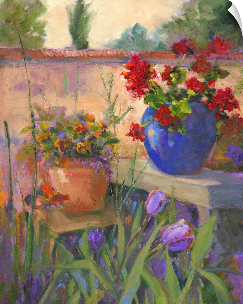 Still life painting of two potted flowers on benches in a walled garden.