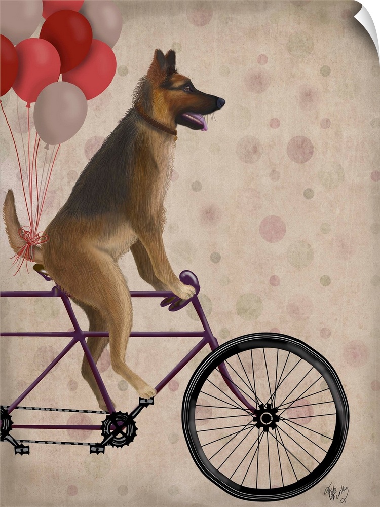 Decorative artwork of a German Shepherd riding on a purple bicycle with pink, red, and white balloons attached to the back.