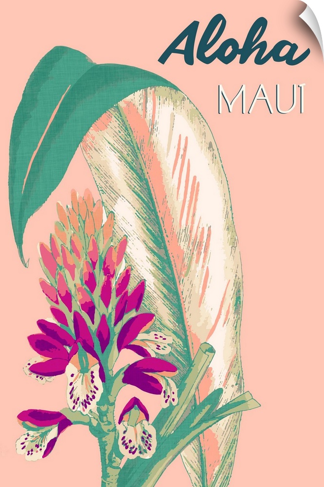 Bright contemporary floral painting with text, "Aloha Maui."