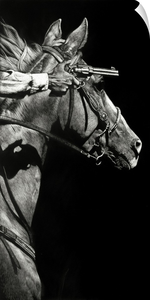 Black and white realistic sketch of a cowboy pointing a gun on horseback.
