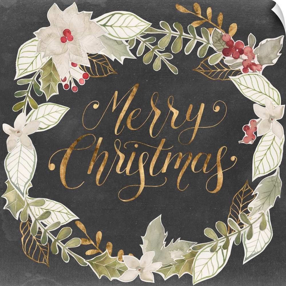 "Merry Christmas" in gold surrounded by a wreath of muted green shades with gold accents.