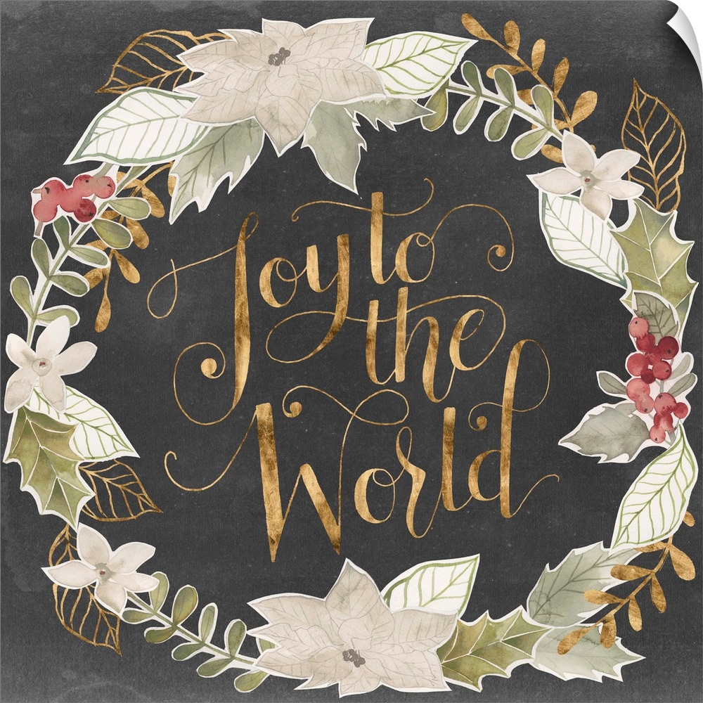 "Joy To The World" in gold surrounded by a wreath of muted green shades with gold accents.