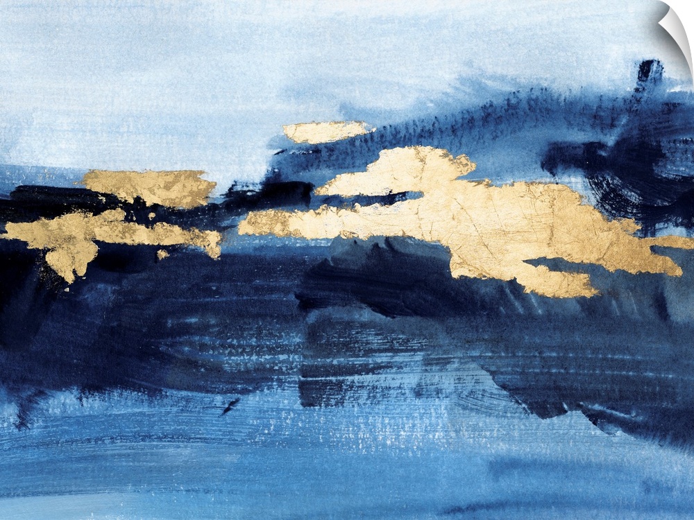 A strong, contemporary  abstract landscape in shades of cobalt and indigo accented with gold