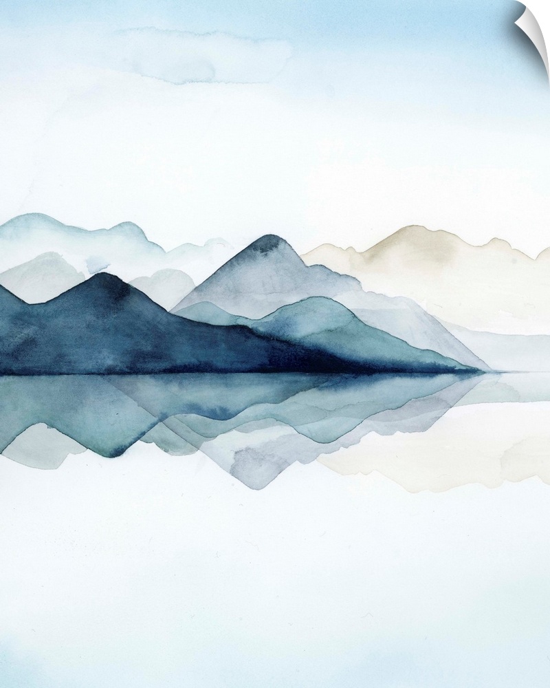 Watercolor painting of misty mountains reflected in glacial waters.