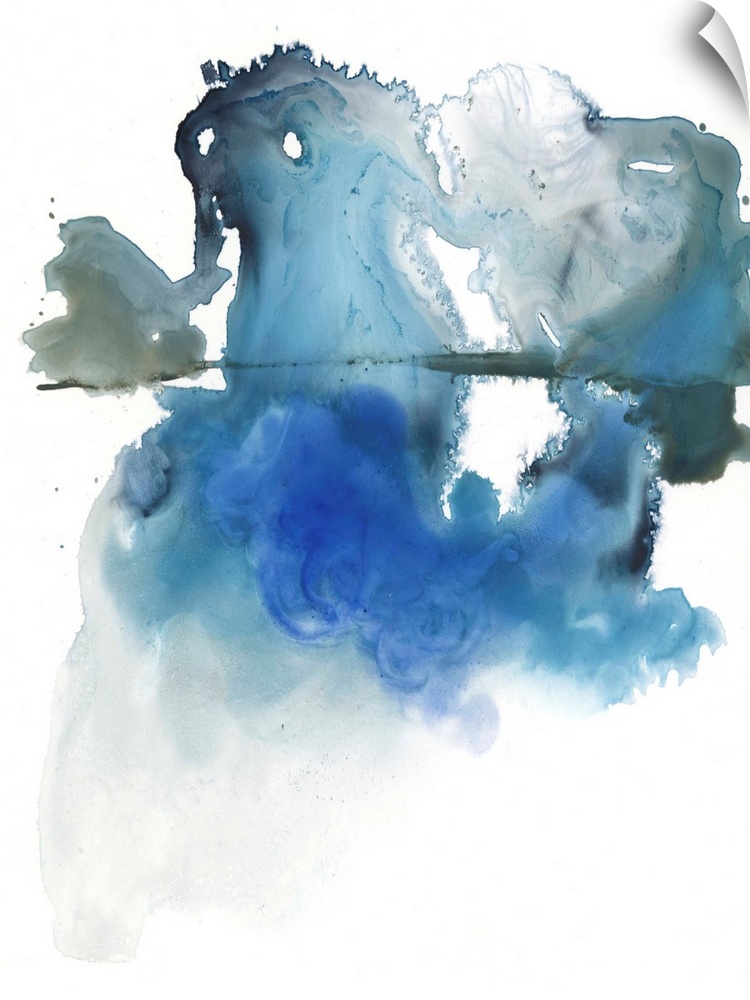 A vertical abstract painting in blurred, blended colors of blur and gray on a white background.