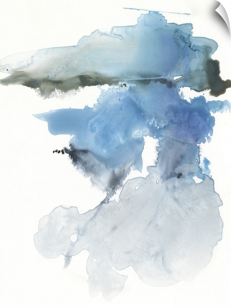 A vertical abstract painting in blurred, blended colors of blur and gray on a white background.