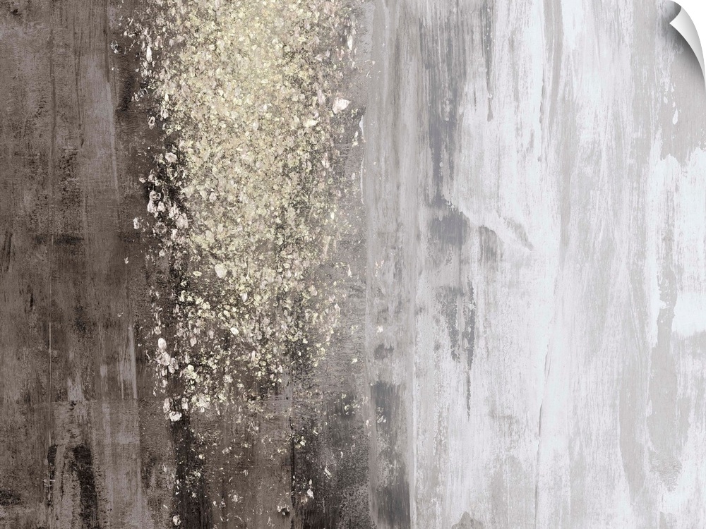 A horizontal, neutral abstract in tones of warm grey with a glittery gold accent. The background is reminiscent of natural...