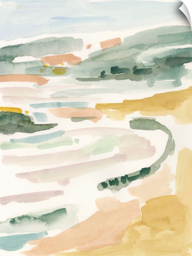 Abstract landscape painting of a beach or coastal area in pastel colors.