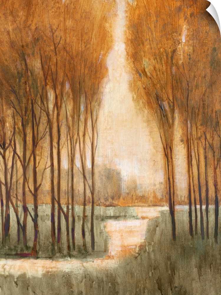 A painting looking through a narrow arch to a clearing in a forest.