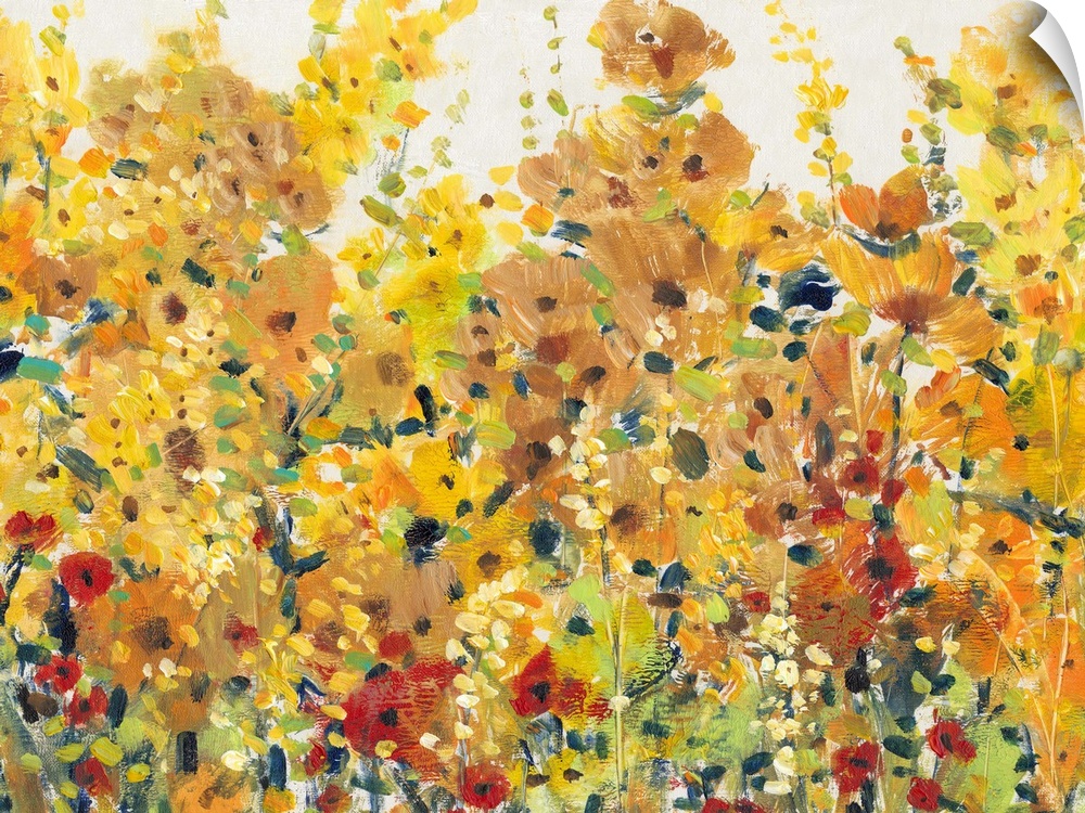 Contemporary painting of a summer garden full of blooming orange and yellow flowers.