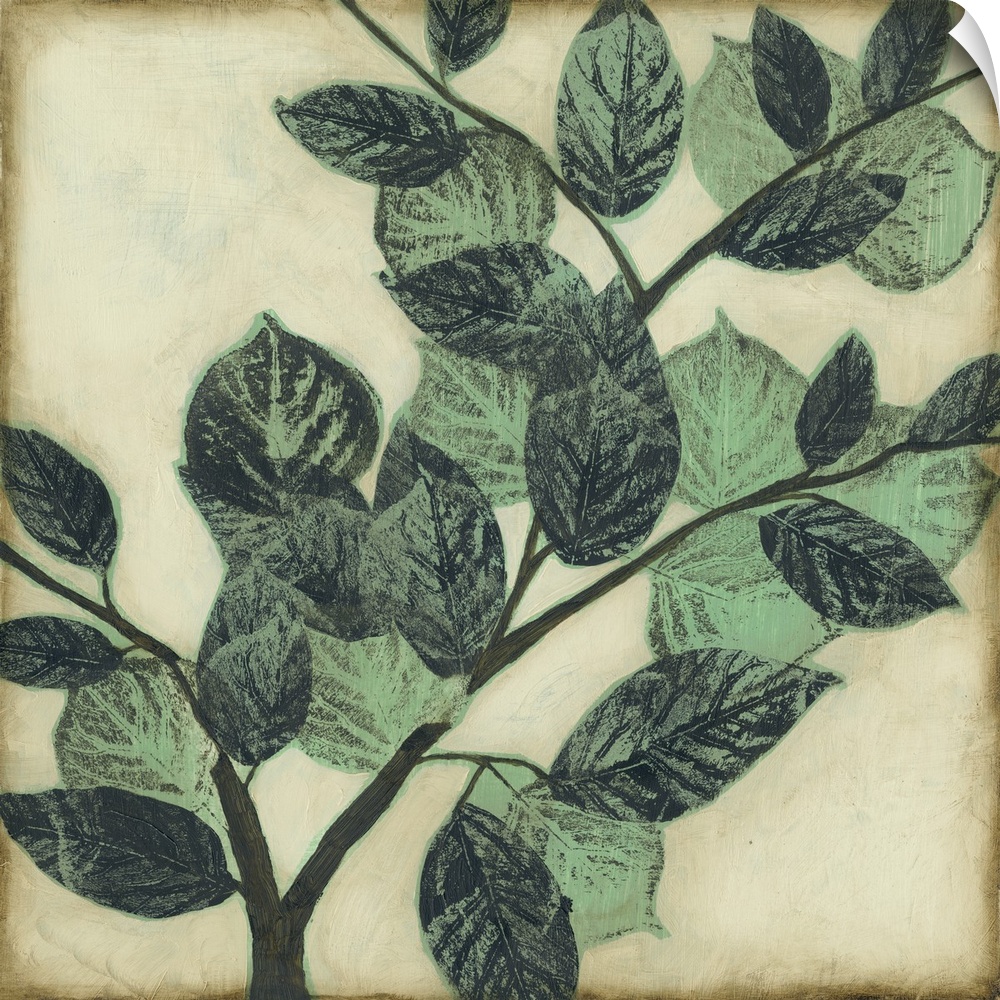 Home decor artwork of muted green leaves on a twig against a light pale green background.