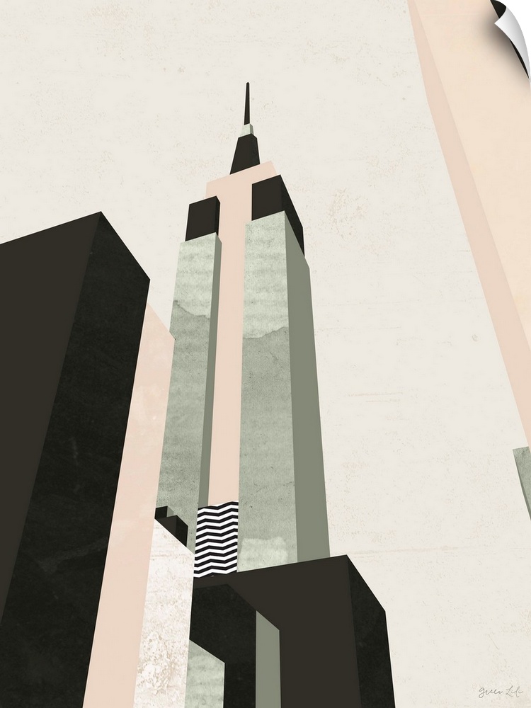 Minimalist geometric artwork in black and pale pink of the stylized Empire State Building.