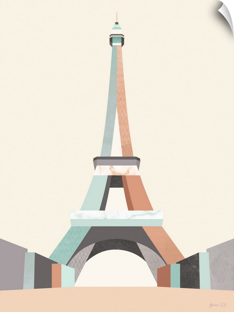 Minimalist geometric artwork in blue and coral of a stylized Eiffel Tower.