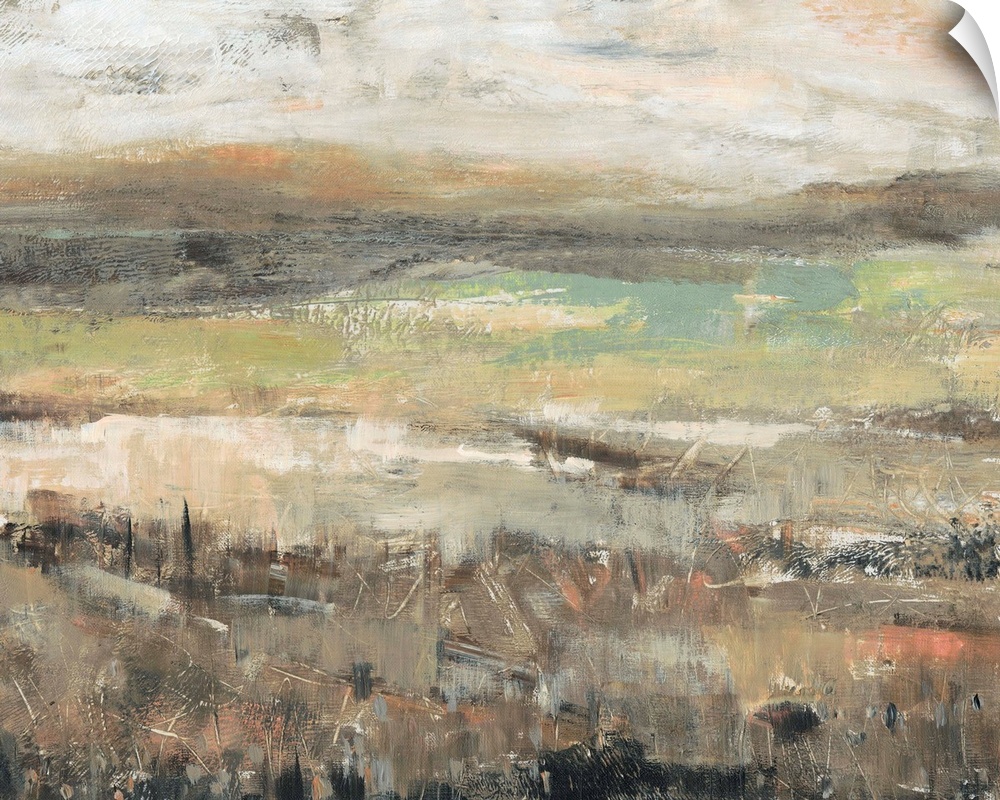 An abstract landscape painting of a field done if textured tones of brown, green and cream.