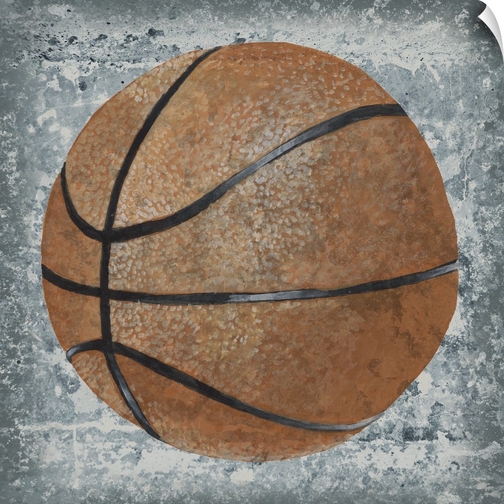 Square sports decor with an illustration of a basketball on a gray and white textured background.