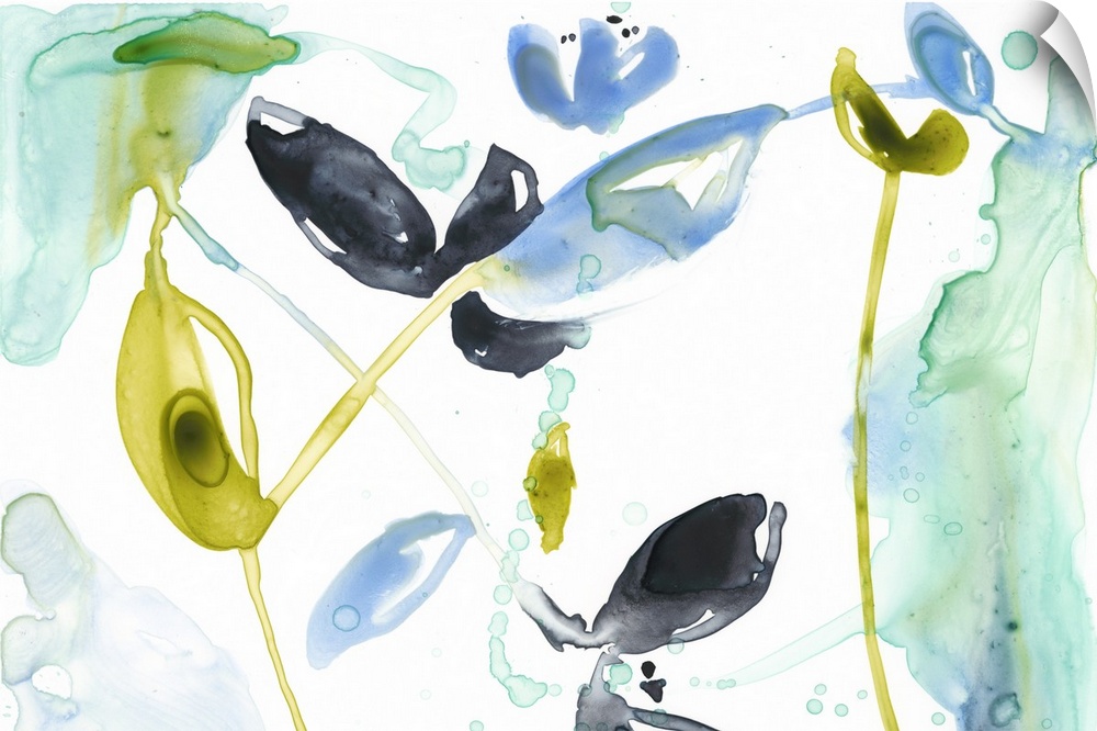 Watercolor painting of flowers and leaves in yellow, black, and blue, on white.