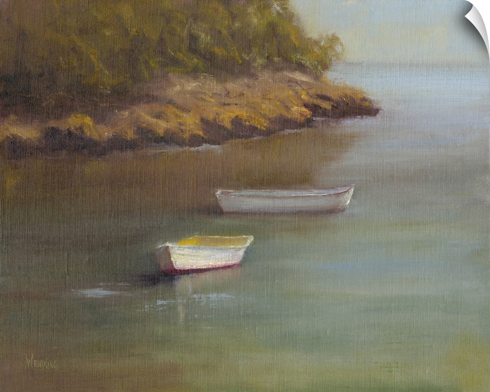 Contemporary painting of two white boats anchored near a shoreline.