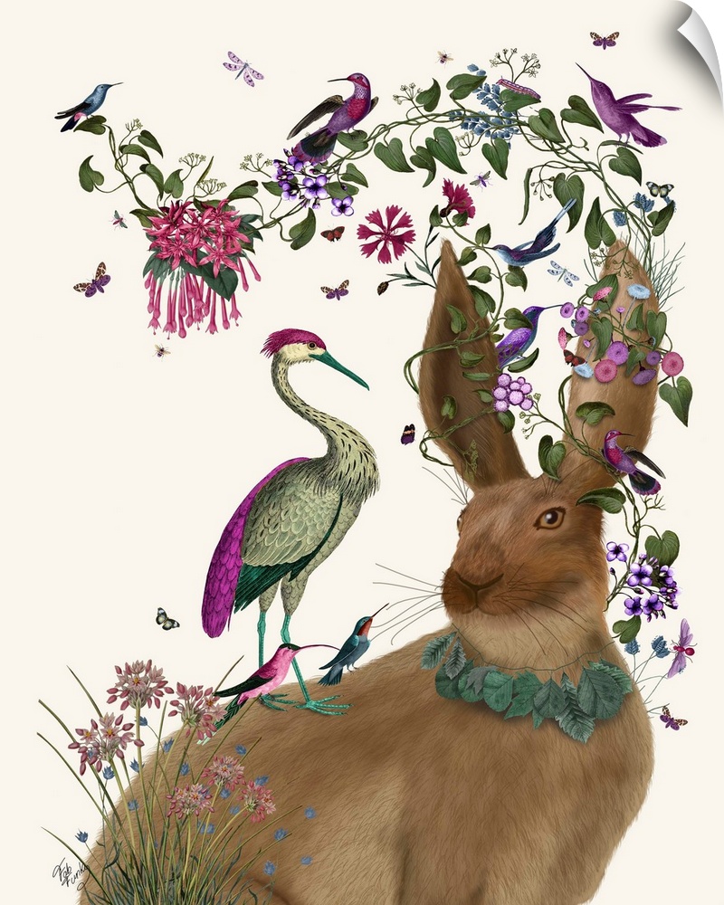 Digital illustration of a rabbit wearing leaves around his neck and on his ears and colorful birds.