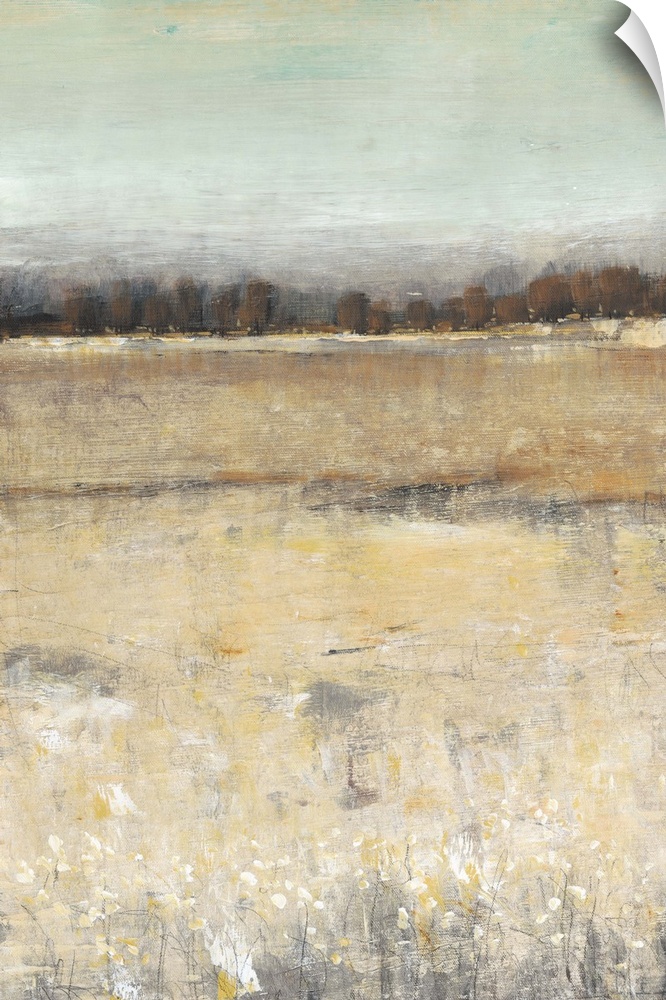 Contemporary painting of a meadow with a forest at the edge.