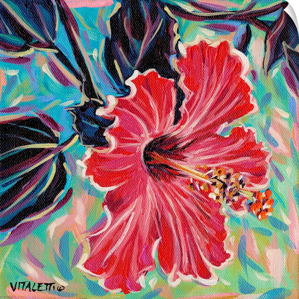Square painting of a red tropical hibiscus flower on an abstract background made with pastel colors.