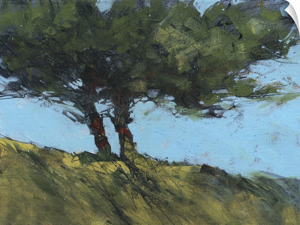 Contemporary painting of twin trees next to each other on a hill.