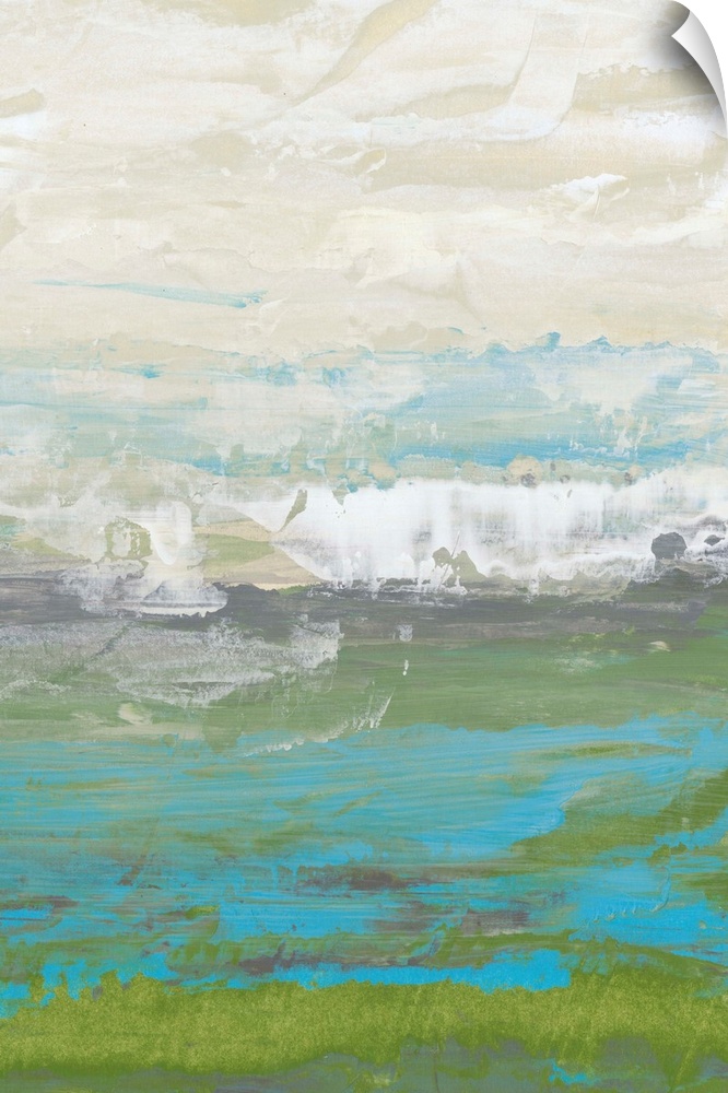 Contemporary abstract painting using white and gray tones on top of blueish green tones to create a landscape.