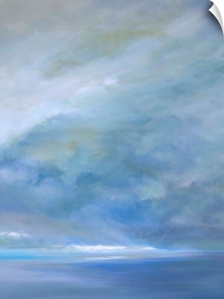 Contemporary painting of a seascape with soft light streaming through the clouds.