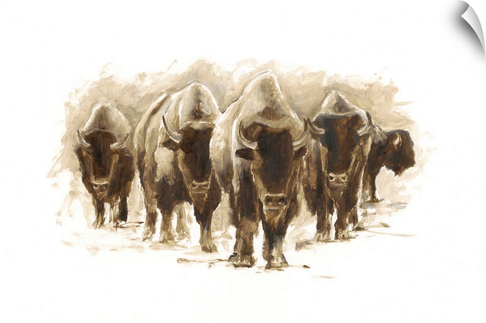 Contemporary painting of a heard of bison.
