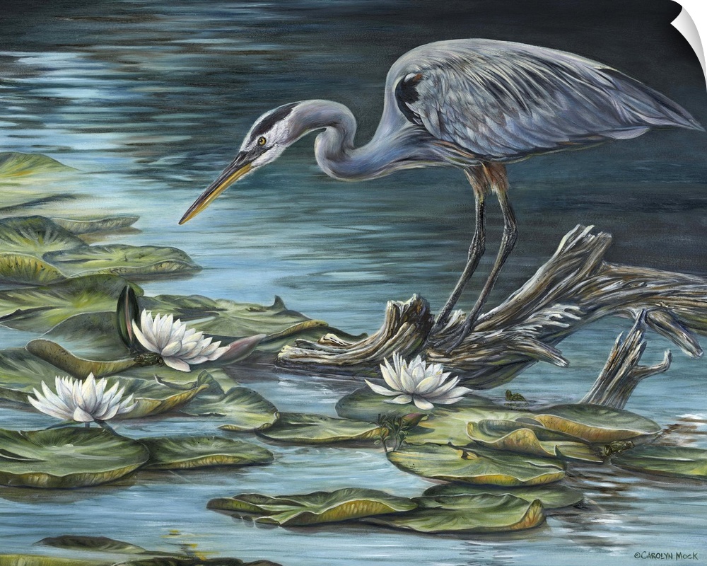 Contemporary painting of a heron standing on a piece of dead wood in a pond.