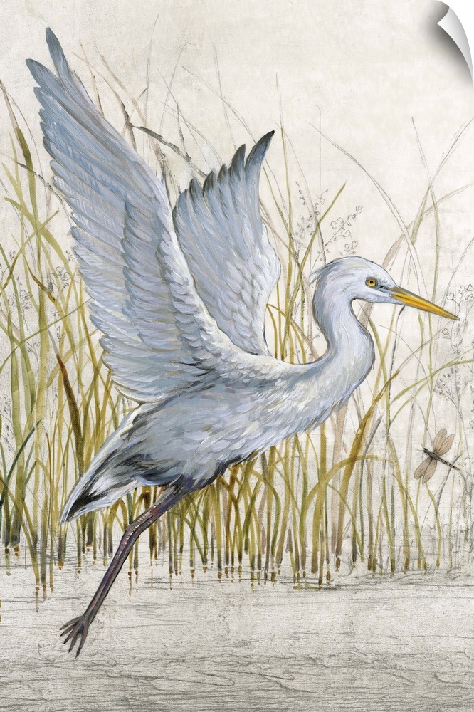 Contemporary artwork of a heron about to take off into flight.